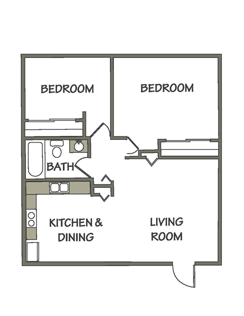 Floor plan for 2 beds, 1 bath
